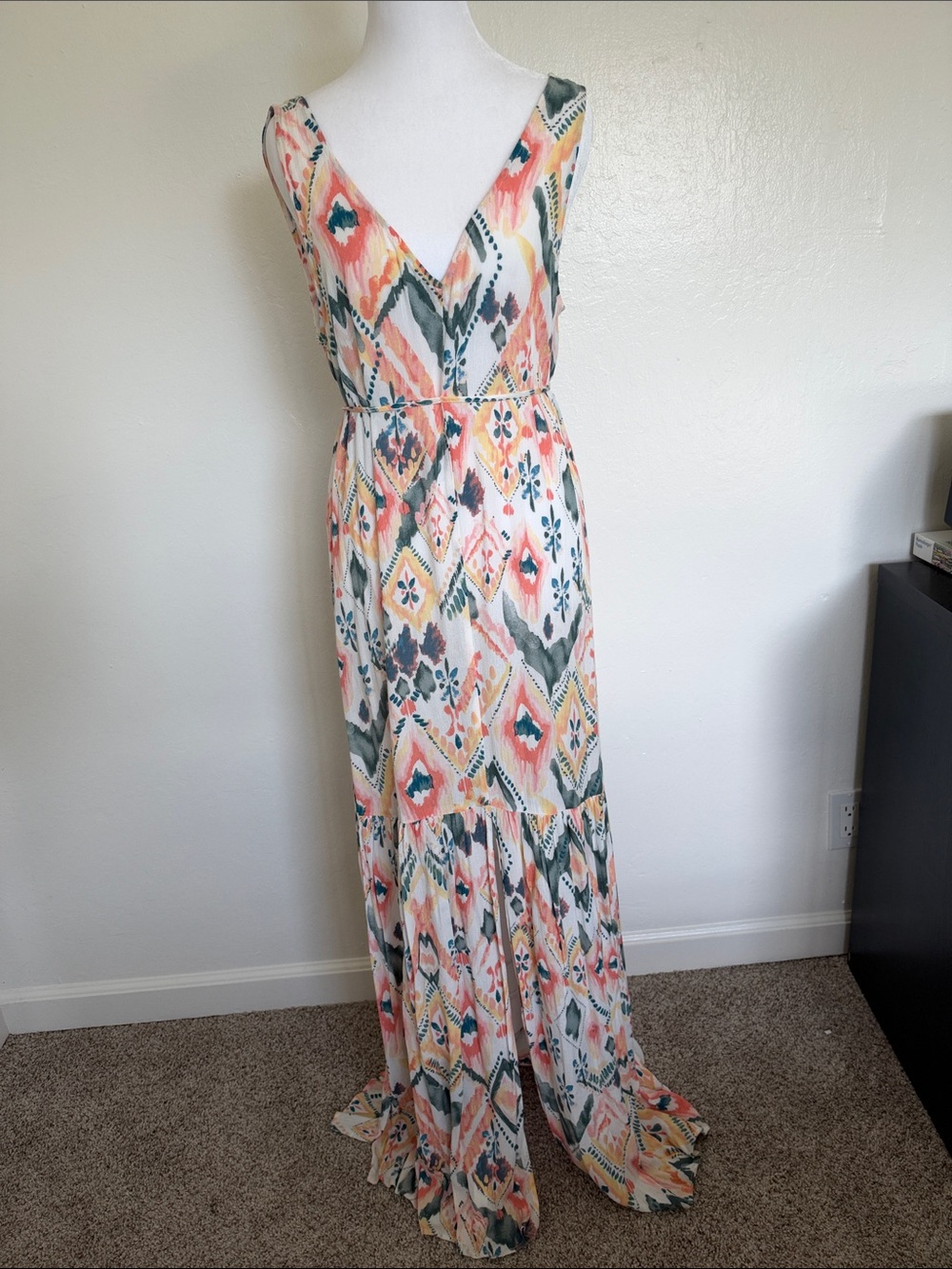 lovestitch Coral, Teal & Yellow Ikat Maxi Dress